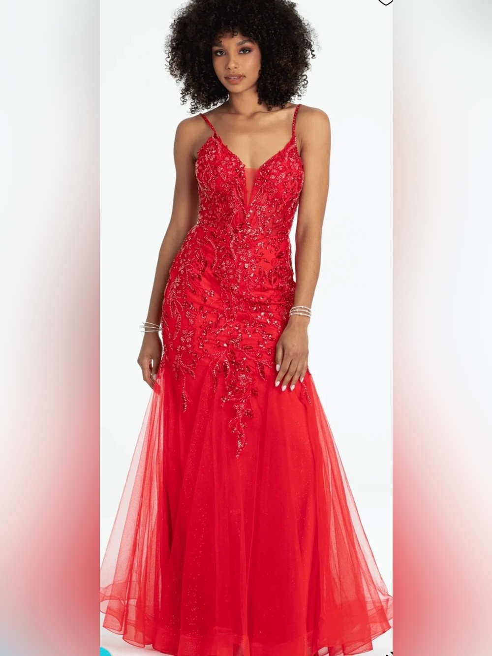 Camille La Vie Beaded Embroidered
Strappy Back Lace-Up Tulle Mermaid Dress B2